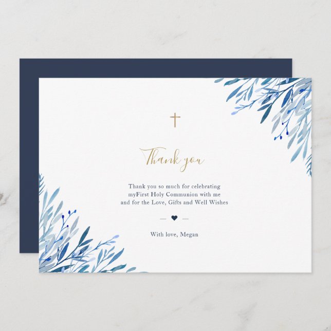Blue leaves Communion Thank you Card (Front/Back)
