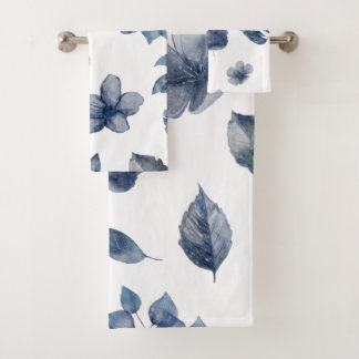 Blue Leaves Florals Watercolour Bath Towel Set