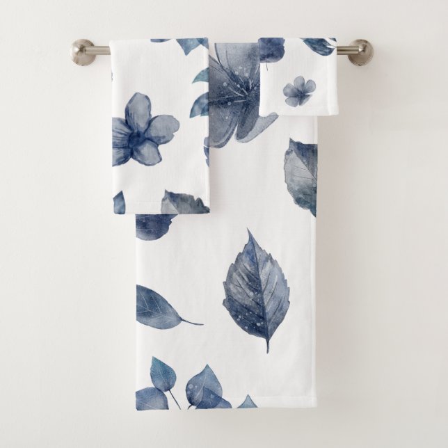 Blue Leaves Florals Watercolour Bath Towel Set (Insitu)