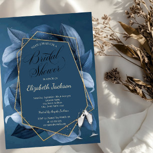 Blue Leaves Gold Frame Glass Bridal Shower Invitation