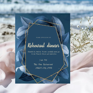 Blue Leaves Gold Frame Rehearsal Dinner  Invitation