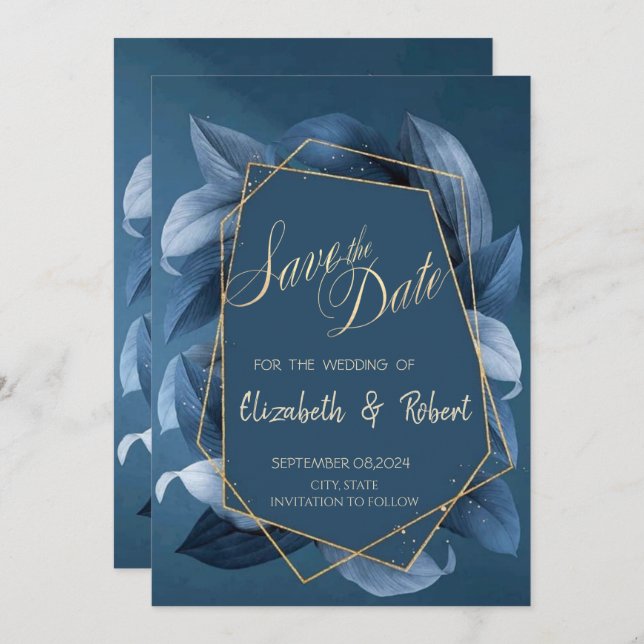 Blue Leaves Gold Frame Save The Date (Front/Back)
