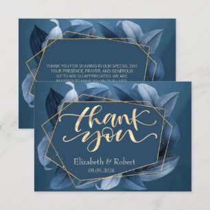 Blue Leaves Gold Frame Wedding Thank You Card