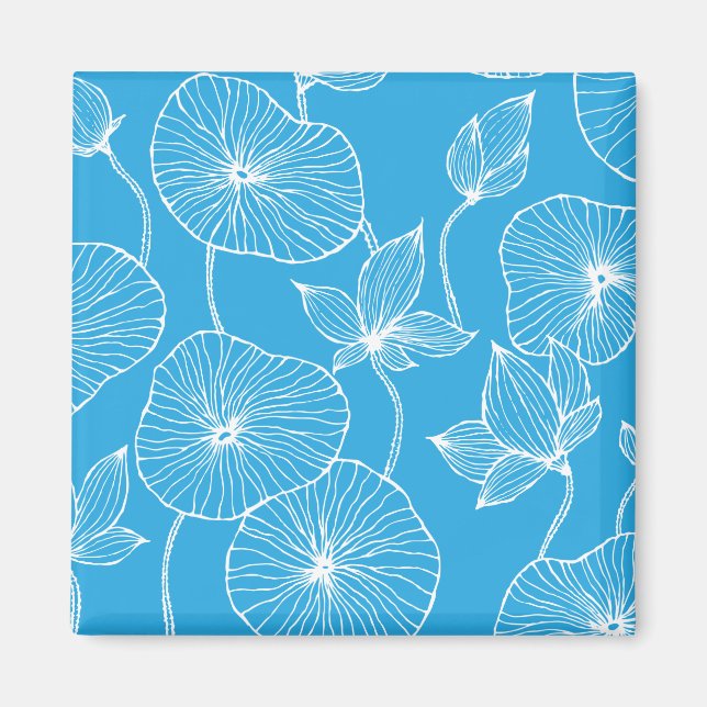 Blue Leaves Lotus Flowers Blossom Magnet (Front)