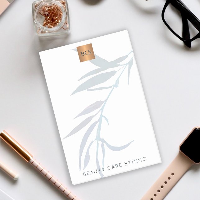 Blue leaves metallic gold copper monogrammed post-it notes (Creator Uploaded)