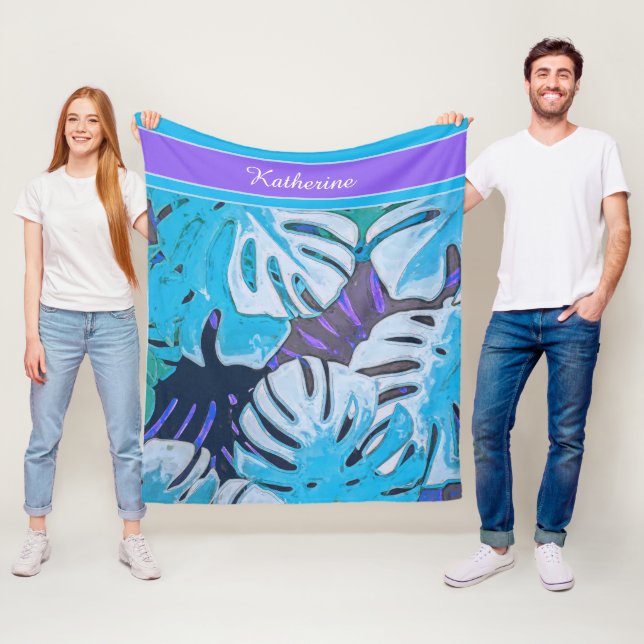Blue Leaves Nature Tropical Patten Personalise Fleece Blanket (In Situ)