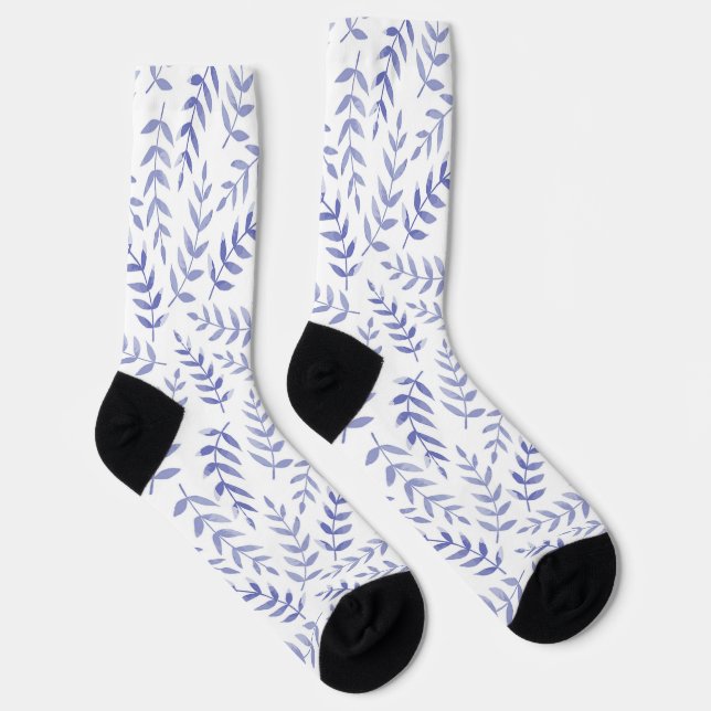 Blue leaves pattern on white socks (Right)