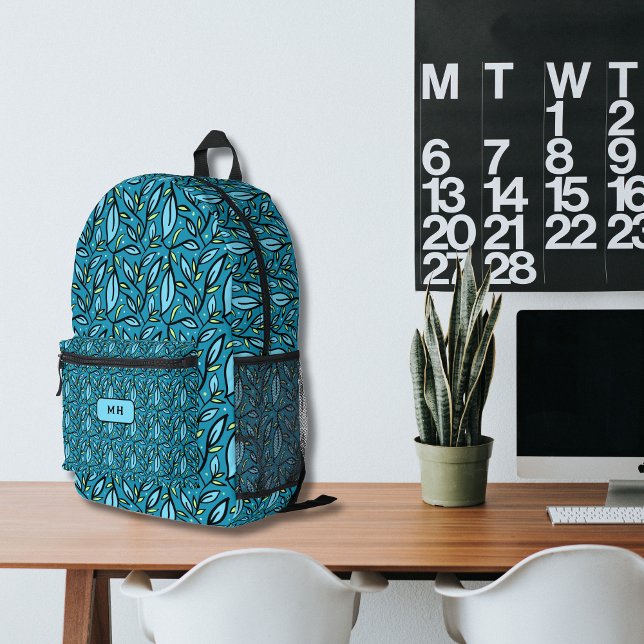 Blue Leaves Pattern with Monogram  Printed Backpack (Blue Leaves pattern backpack, custom monogram family name. bilingual text multilingual project)