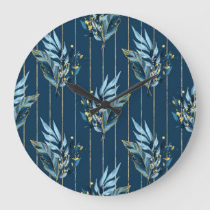 Blue Leaves Seamless Wrap Background Large Clock