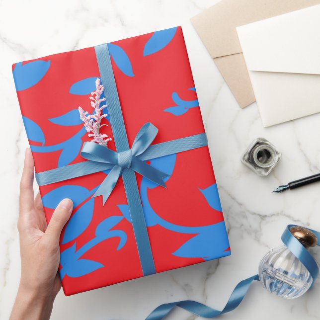 Blue Leaves Vines Red Botanical  Wrapping Paper (Gifting)