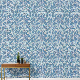 Blue Leaves & White Flowers Botanical Squares Wallpaper