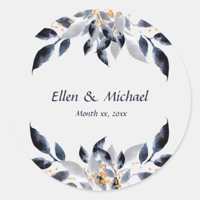 Blue Leaves with Gold Wedding   Classic Round Sticker (Front)