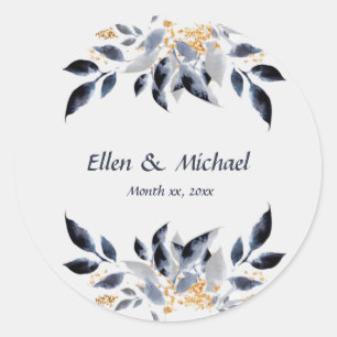 Blue Leaves with Gold Wedding Classic Round Sticker