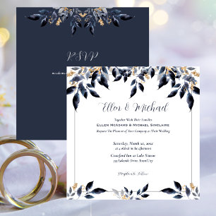 Blue Leaves with Gold Wedding Invitation