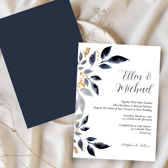 Blue Leaves with Gold Wedding Invitation (Shades of Blue Leaves with Gold, Wedding Invitation)