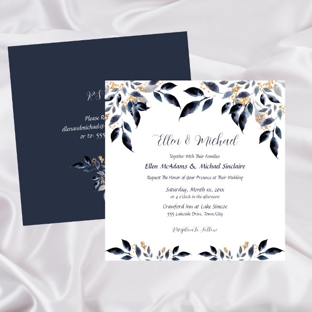 Blue Leaves with Gold Wedding Invitation (Blue Leaves with Gold Wedding Invitation)