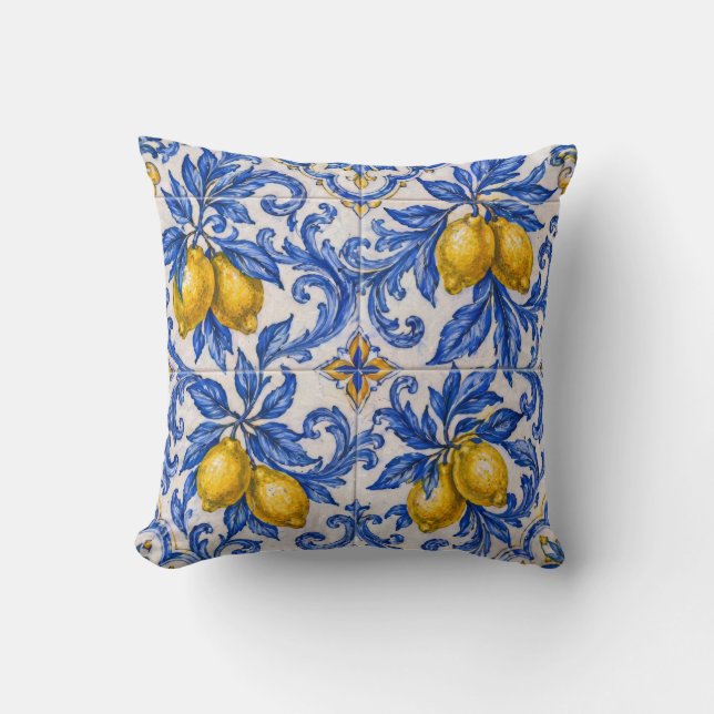 Blue Lemon Azulejo Tile Cushion (Front)