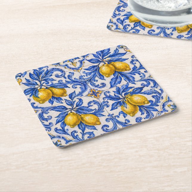 Blue Lemon Azulejo Tile Square Paper Coaster (Angled)