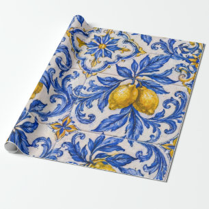 Blue Lemon Azulejo Tile Wrapping Paper