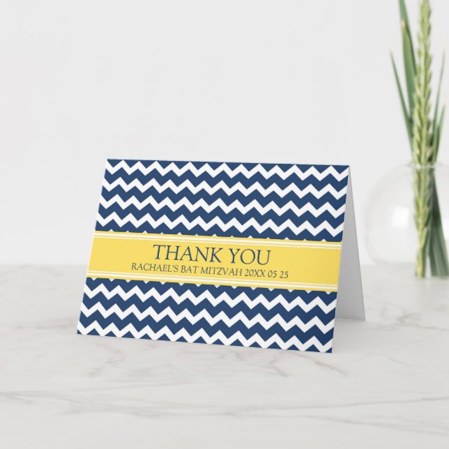Blue Lemon Chevron Bat Mitzvah Thank You Card (Front)