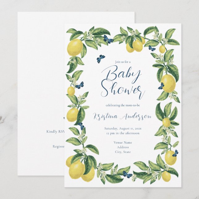 Blue & Lemon Citrus Butterfly Baby Shower Invitation (Front/Back)