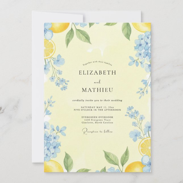 Blue Lemon Citrus Eucalyptus Wedding Invitation (Front)