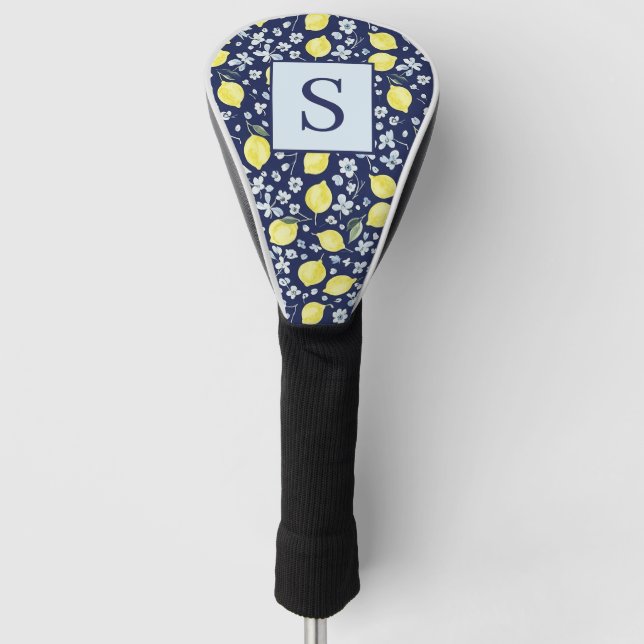 Blue Lemon Floral Monogram  Golf Head Cover (Front)