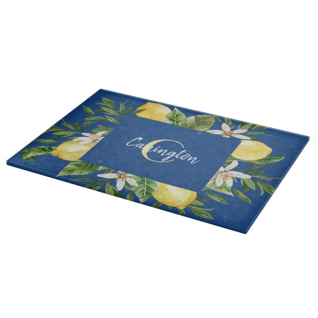 Blue Lemon Mediterranean Monogram Cutting Board (Corner)