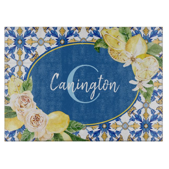Blue Lemon Mediterranean Monogram Name  Cutting Board (Front)