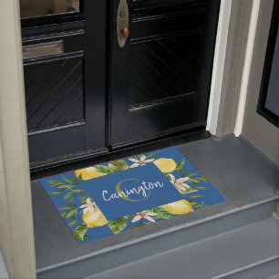 Blue & Lemon Mediterranean Monogram Name Welcome Doormat
