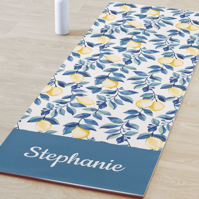 Blue Lemon Watercolor Custom Name Yoga Mat (Creator Uploaded)