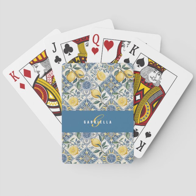 Blue Lemon Watercolor Monogram Name Playing Cards (Back)