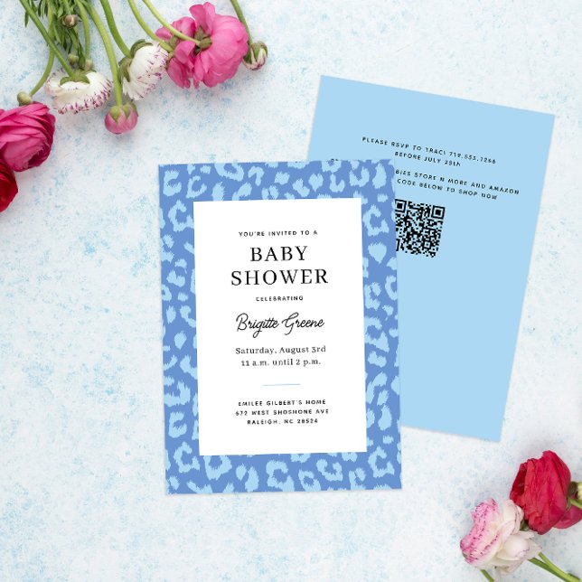 Blue Leopard Animal Print Baby Shower Invitation (blue on blue leopard print modern baby shower invitation)