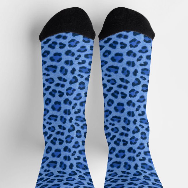 Blue Leopard Animal Print Skin Pattern Socks (Top)