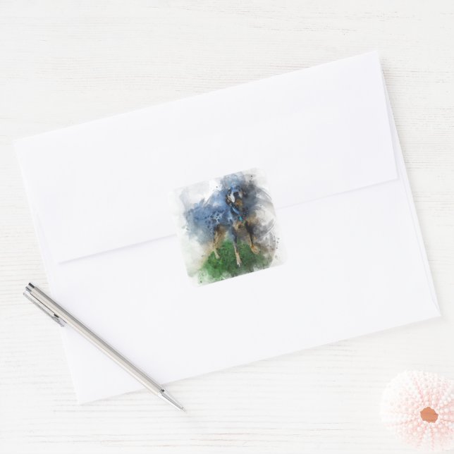 Blue Leopard Catahoula in Watercolor Square Sticker (Envelope)