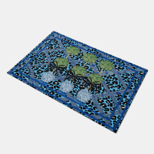 Blue Leopard  Chinoiserie Ginger Jar Doormat Rug 