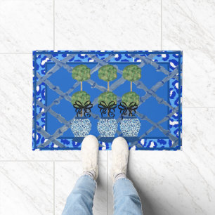 Blue Leopard  Chinoiserie Ginger Jar Doormat Rug 