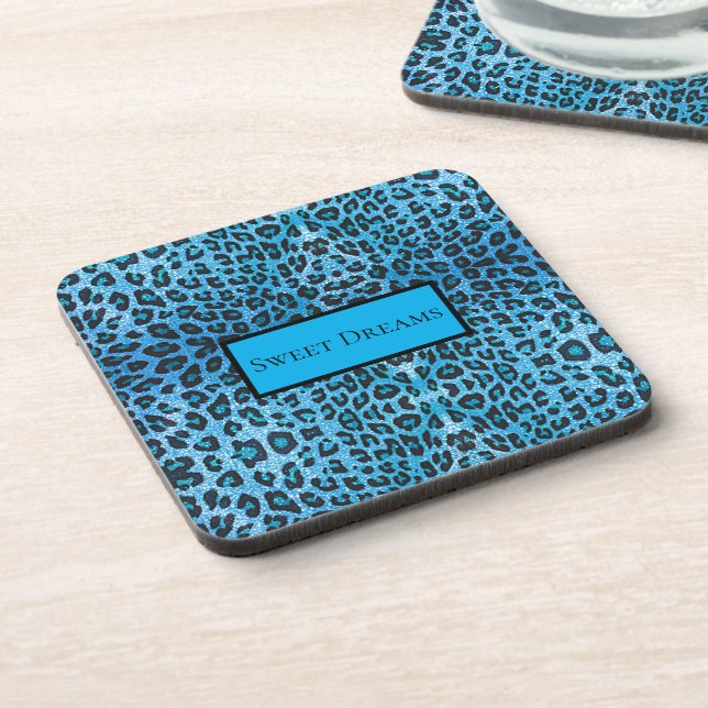 Blue Leopard Faux Sparkle Sweet Dreams Modern Chic Coaster (Left Side)