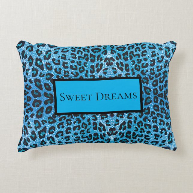Blue Leopard Faux Sparkle Sweet Dreams Modern Chic Decorative Cushion (Front)