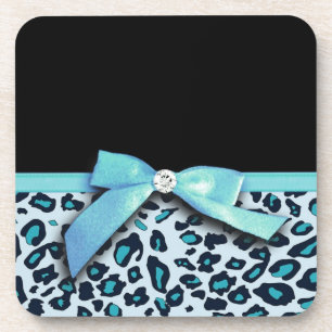 Blue leopard print ribbon bow graphic coaster