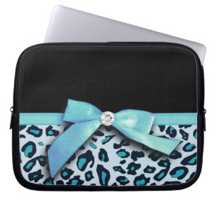 Blue leopard print ribbon bow graphic laptop sleeve