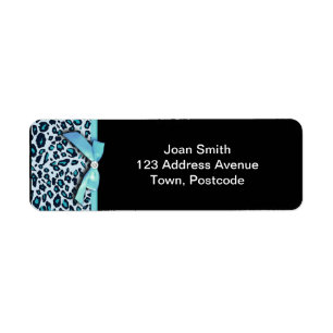 Blue leopard print ribbon bow graphic return address label