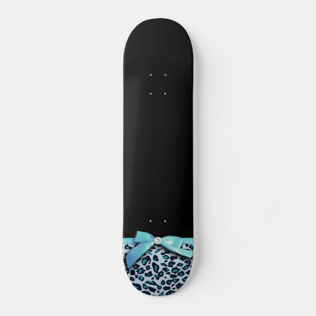 Blue leopard print ribbon bow graphic skateboard (Front)