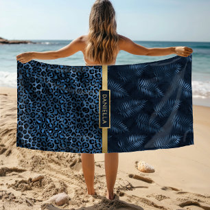 Blue Leopard Print Shimmer Tropical Floral Name Beach Towel