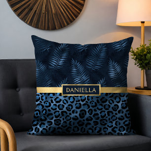 Blue Leopard Print Shimmer Tropical Floral Name Cushion