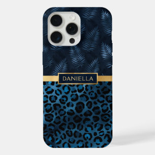 Blue Leopard Print Shimmer Tropical Floral Name iPhone 15 Pro Max Case