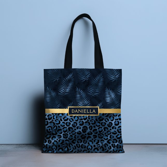 Blue Leopard Print Shimmer Tropical Floral Name Tote Bag (Creator Uploaded)