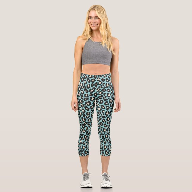 Blue Leopard Rosettes Pattern Capri Leggings (Front)