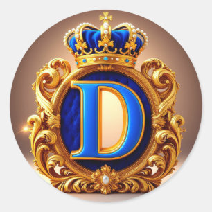 👑 Blue Letter D Crown Monogram Round Label 