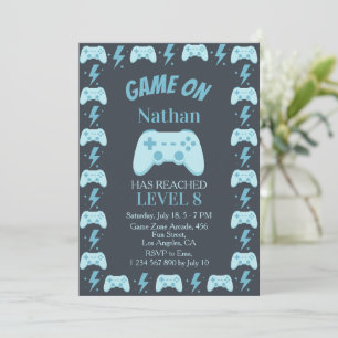 Blue Level Up Video Game Party 8th Boy Birthday Invitation